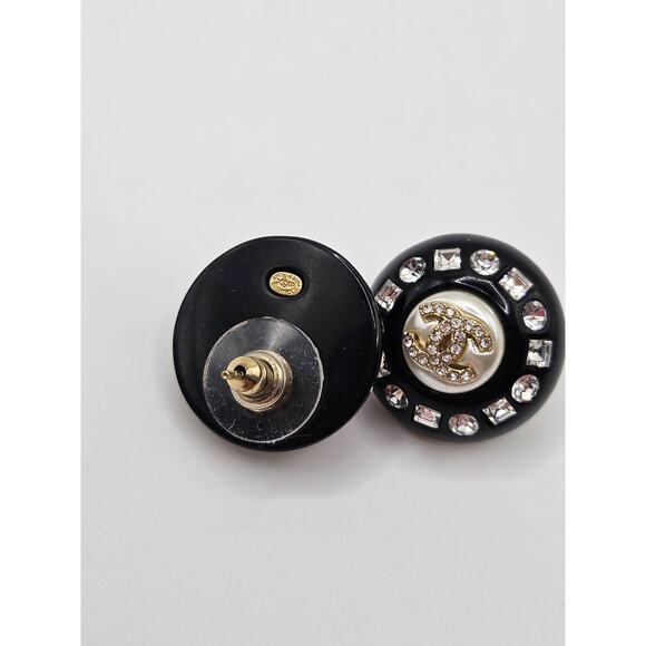 Chanel Black Resin Faux Pearl Crystal CC Stud Earrings - Picture 4 of 14